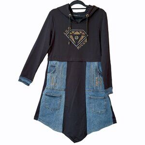 Lilo Ricco Alegro Women's luxury Sweatshirt Dress Hooded Black and Denim Size M